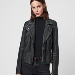 All Saints Cargo Quilted Distressed Black Leather Biker Jacket Size 00 XXS